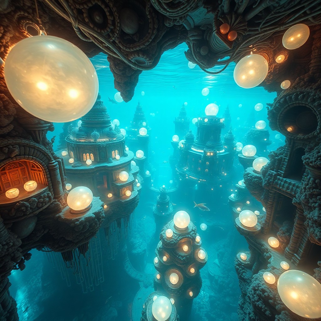 AI generated art for prompt: A stunning aerial perspective reveals an enchanting underwater metropolis, where ancient architectur