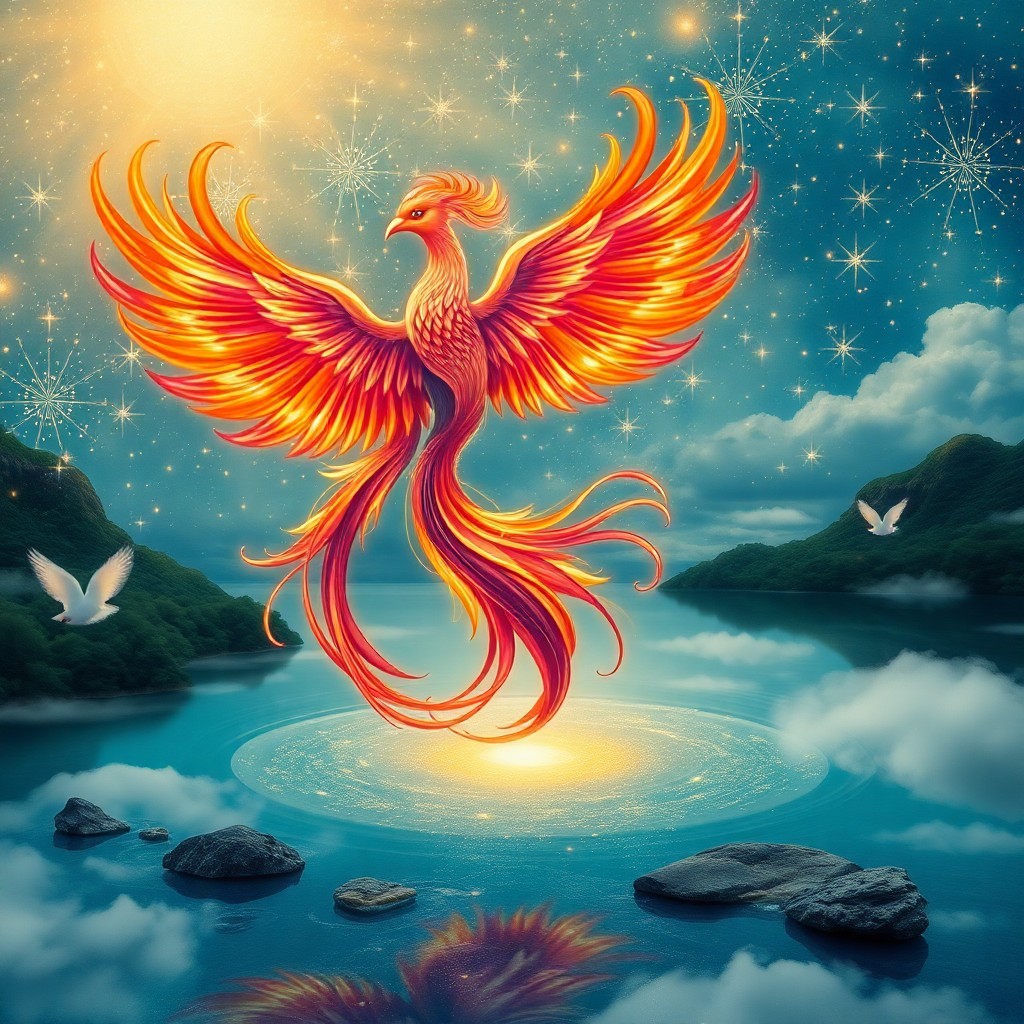 AI generated art for prompt: Imagine a dreamy, surreal vista where an awe-inspiring phoenix crafted from swirling auroras elegant