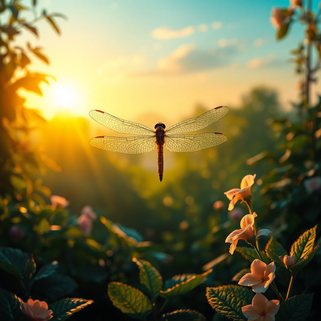 AI generated art for prompt: A serene twilight garden unfolds from the vantage point of a delicate dragonfly, its wings gently be