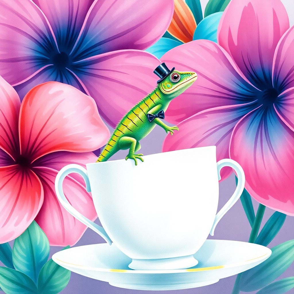 AI generated art for prompt: A whimsical illustration showcasing a playful chameleon balancing on the rim of an oversized teacup,