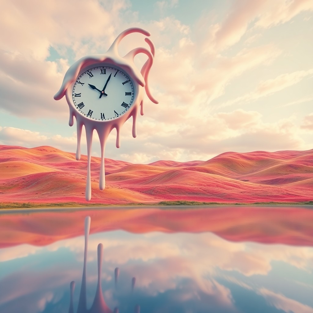 AI generated art for prompt: A whimsical low-angle perspective captures a surreal landscape where melting timepieces cascade over