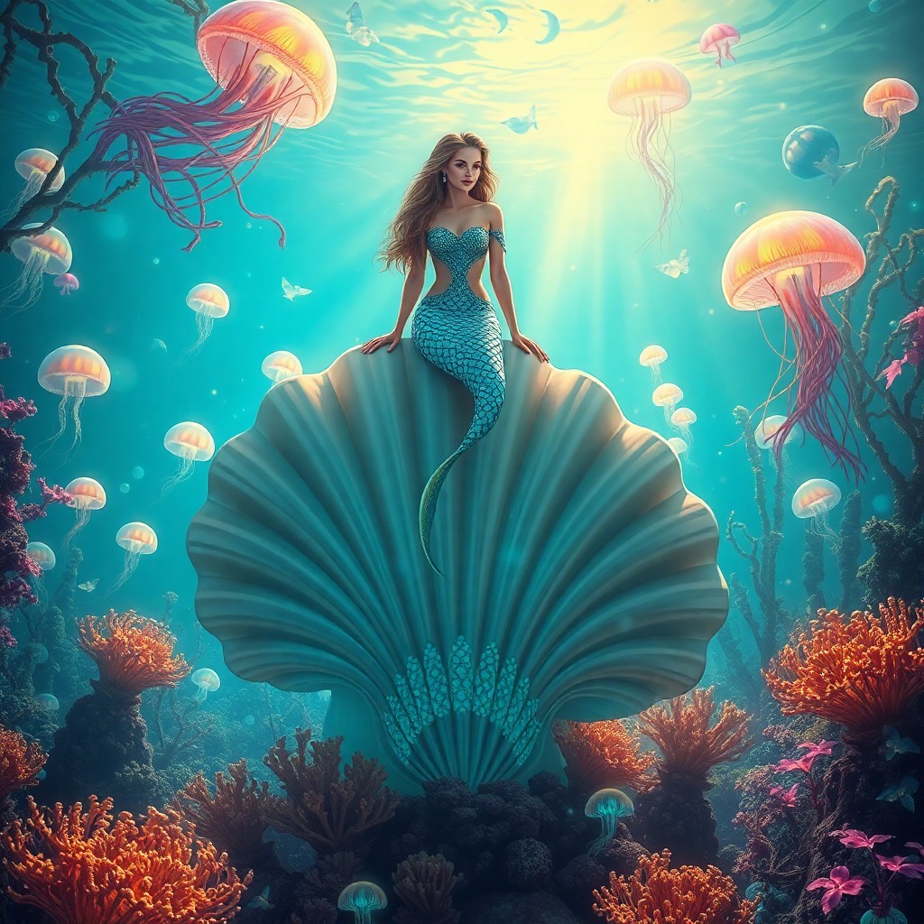 AI generated art for prompt: Envision an enchanting underwater tableau reminiscent of Ernst Haeckel's dreamlike illustrations, wi