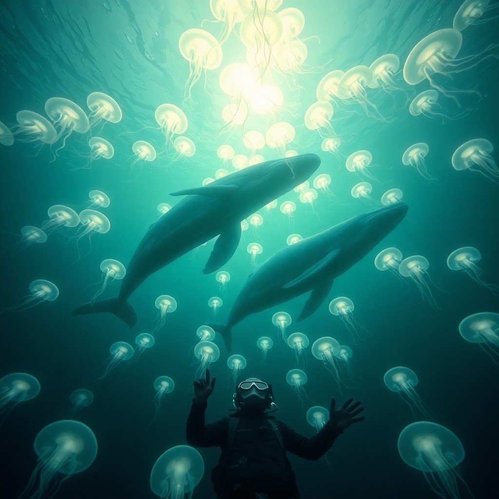 AI generated art for prompt: A mesmerizing digital artwork captures an ethereal underwater world where majestic whales gracefully