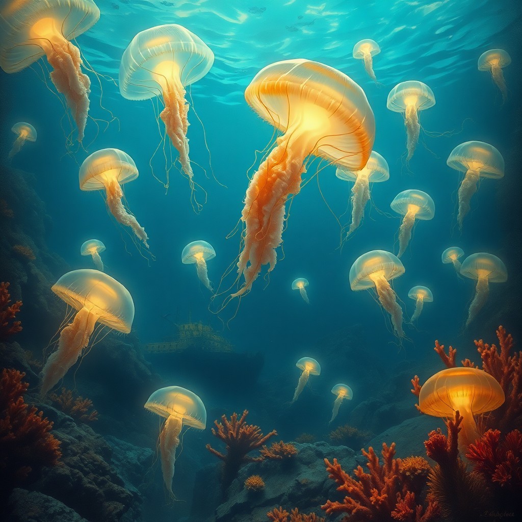 AI generated art for prompt: Envision an underwater tableau where luminescent jellyfish elegantly drift through cavernous depths,