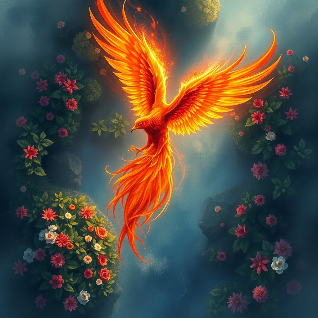 AI generated art for prompt: Imagine an aerial view above a tranquil garden, where a mythical phoenix undergoes transformation fr