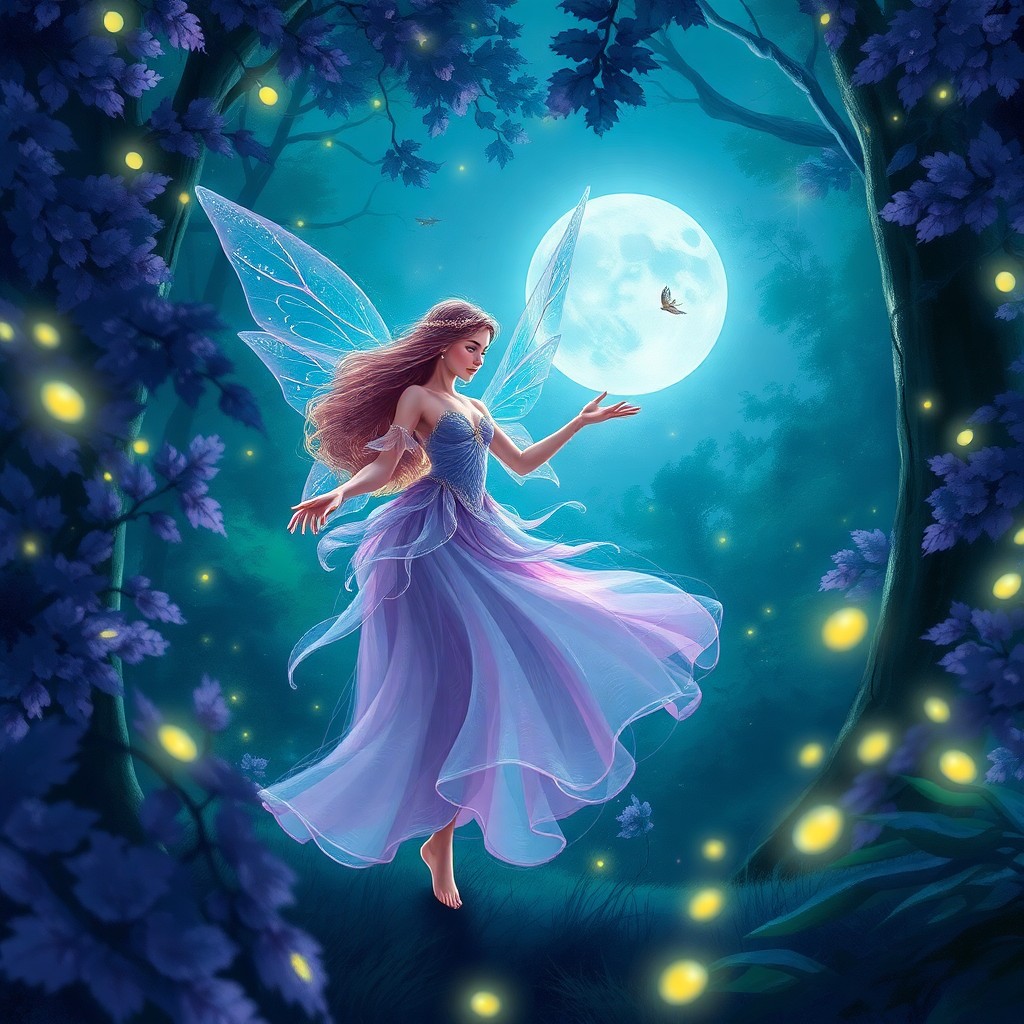 AI generated art for prompt: An enchanting fae princess with shimmering wings dances gracefully in a moonlit forest glade, as ric