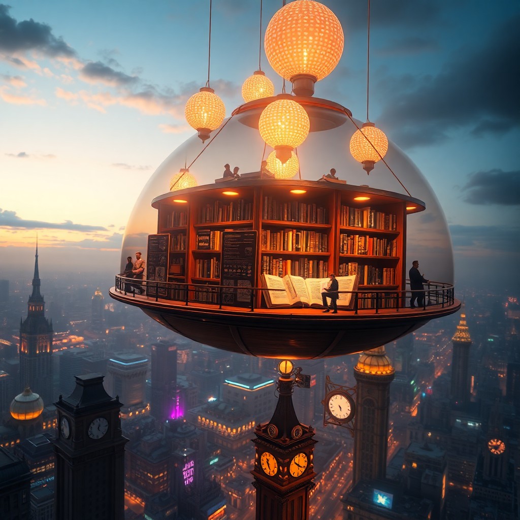 AI generated art for prompt: A mesmerizing digital artwork showcasing an enchanting aerial library hovering gracefully above a vi