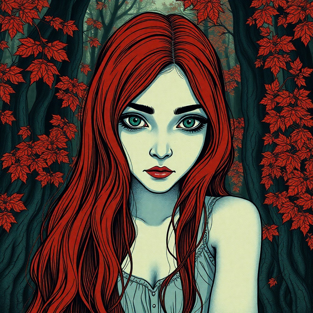 AI generated art for prompt: A melancholic young woman with long, flowing crimson hair sits in contemplative solitude, her pierci