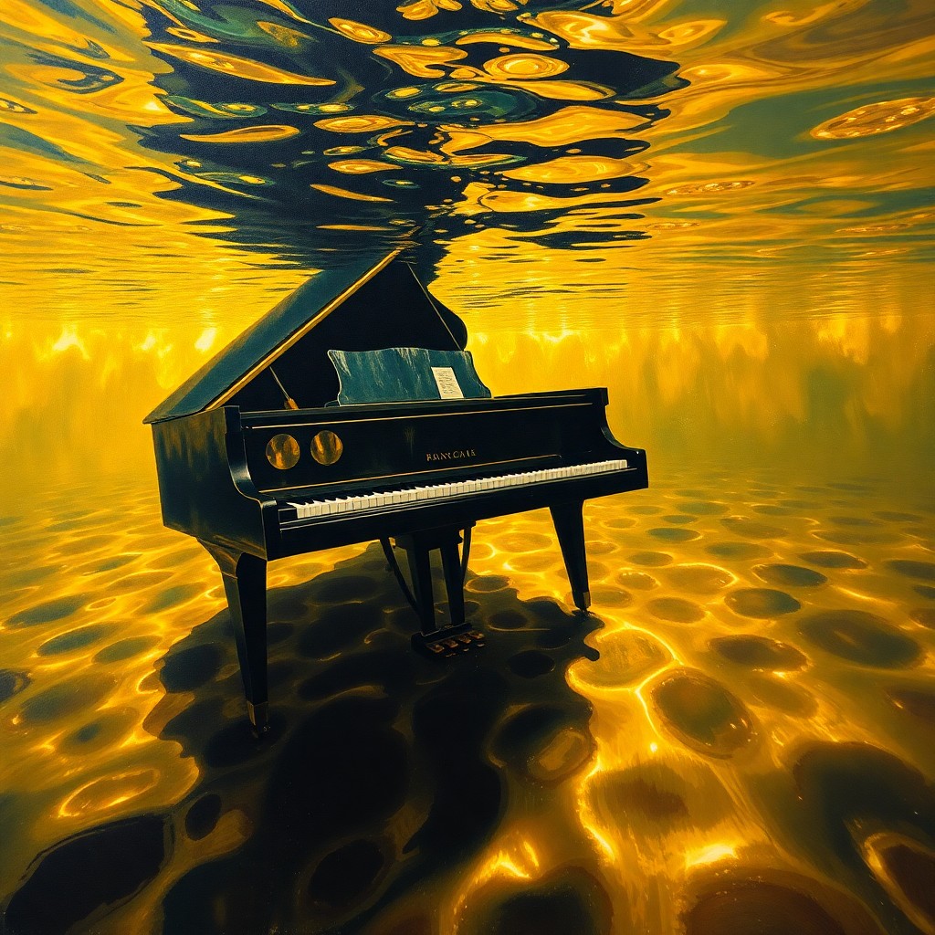 AI generated art for prompt: A surrealistic oil painting captures an underwater view of a grand piano submerged in a pool of shim