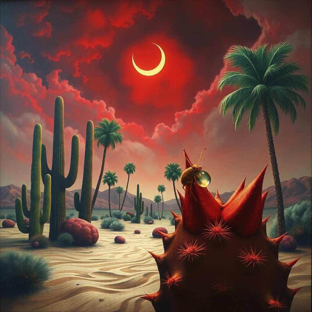 AI generated art for prompt: A surreal desert landscape painting captures a dreamlike oasis, featuring towering cacti and palm tr