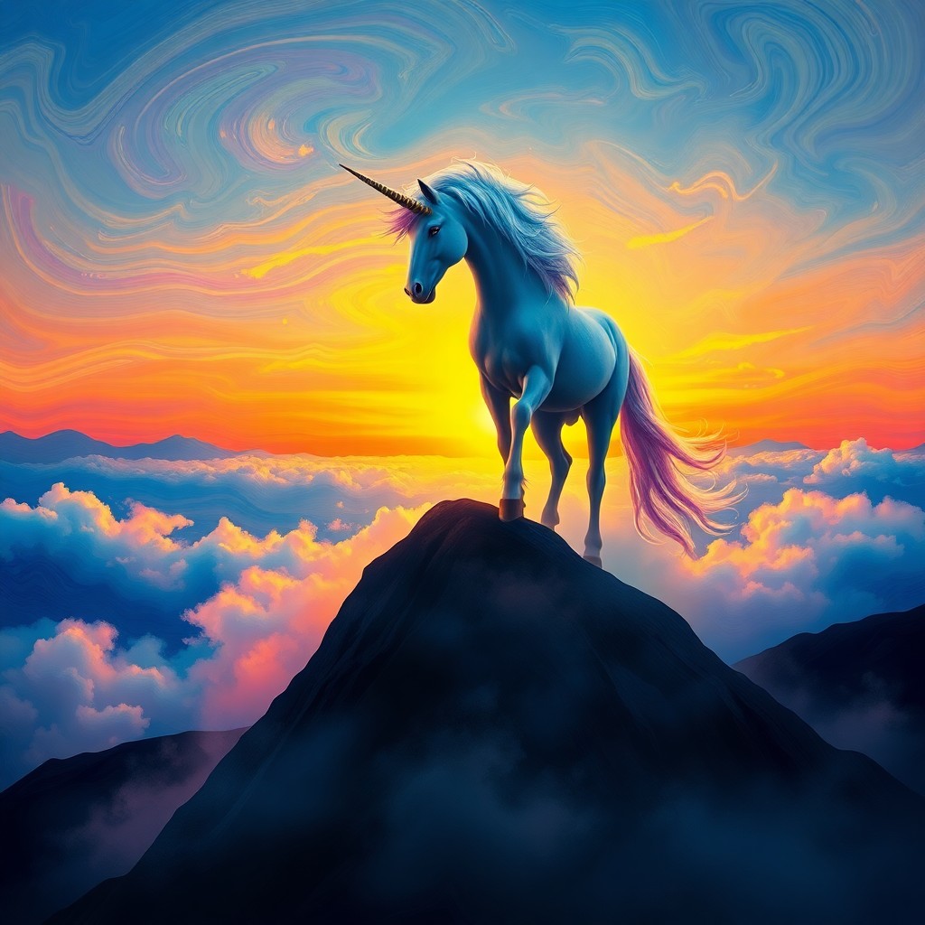 AI generated art for prompt: A noble creature with an iridescent mane stands atop a misty mountain peak at dawn, its ethereal for