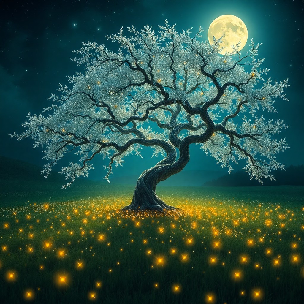 AI generated art for prompt: Imagine an ethereal landscape bathed in moonlight, where a magnificent tree adorned with glistening 