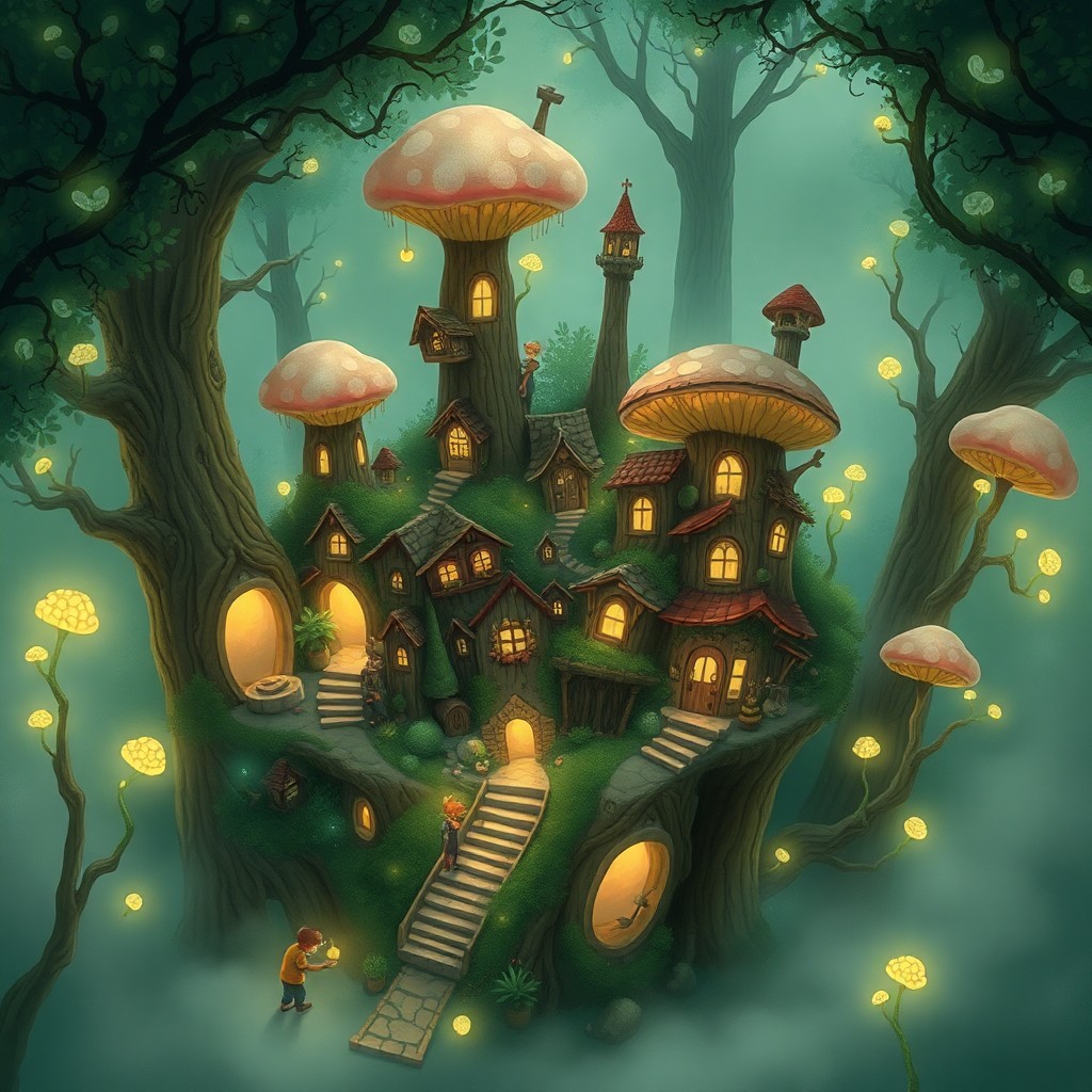 AI generated art for prompt: A whimsical digital illustration presents an aerial view of a peculiar village nestled within a mist