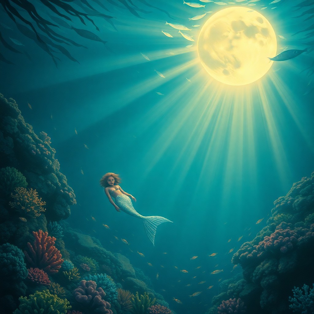 AI generated art for prompt: An enchanting underwater scene unfolds as moonlight filters through the azure waves, reminiscent of 