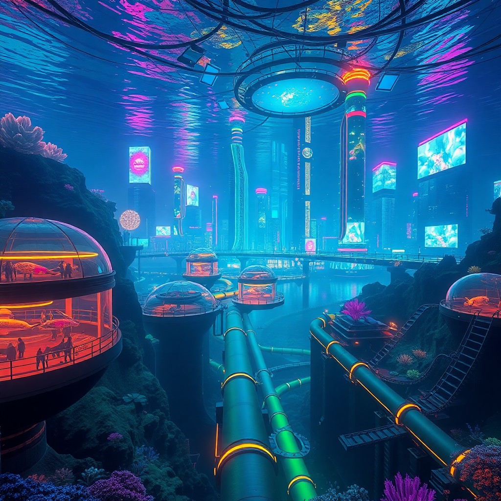 AI generated art for prompt: Visualize an underwater cityscape in a futuristic setting, characterized by a harmonious blend of te