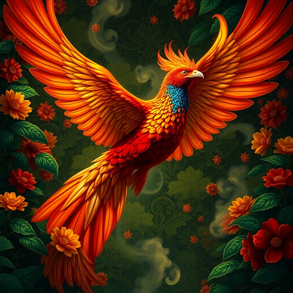 AI generated art for prompt: An exquisite portrait depicting a majestic phoenix emerging from a verdant, fiery garden, crafted in