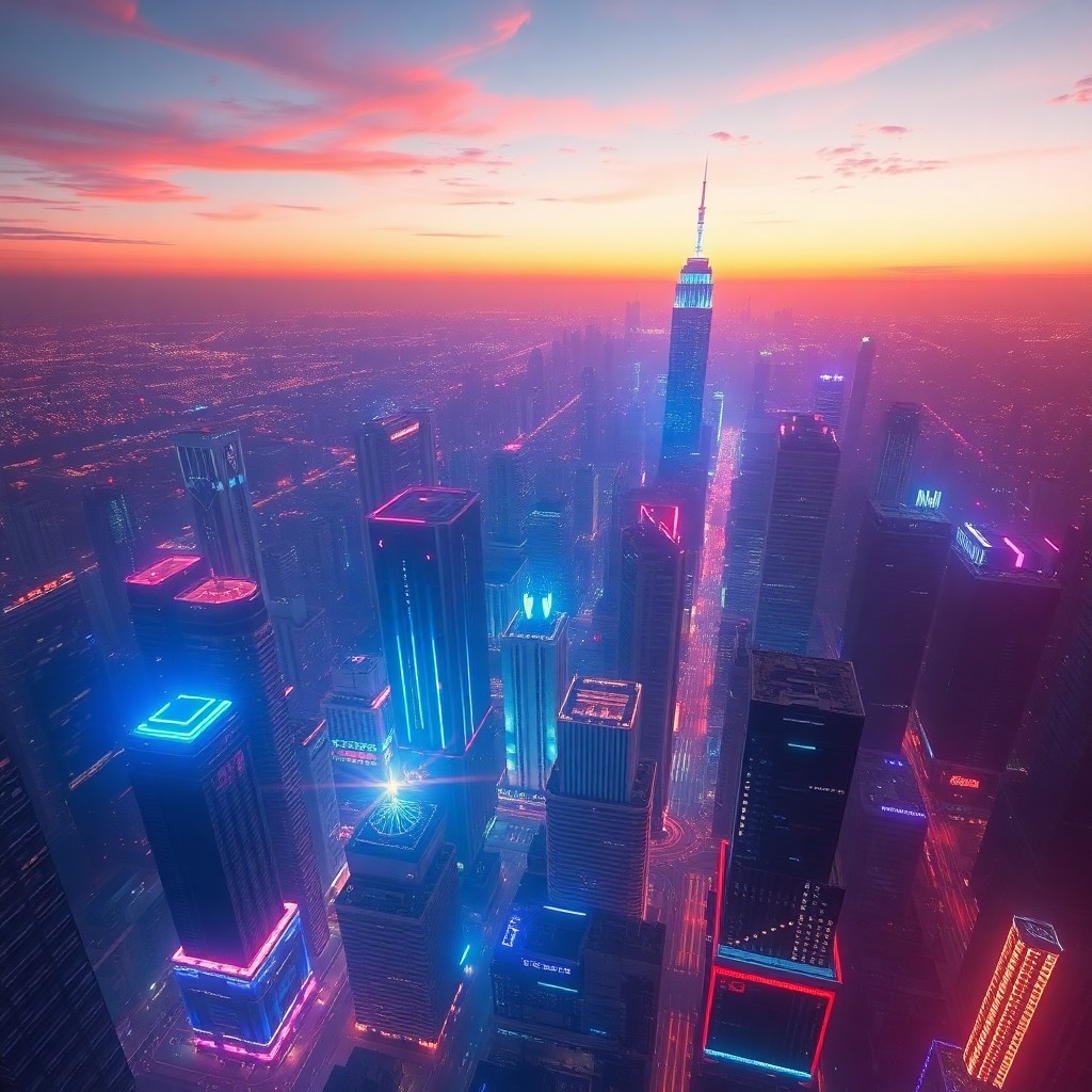 AI generated art for prompt: A futuristic cityscape at dusk captivates from an aerial viewpoint above a sprawling metropolis, ech