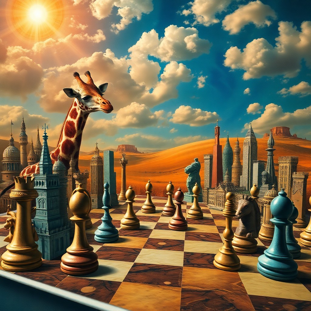 AI generated art for prompt: A surreal chessboard suspended in a dreamlike landscape, filled with iconic world landmarks transfor