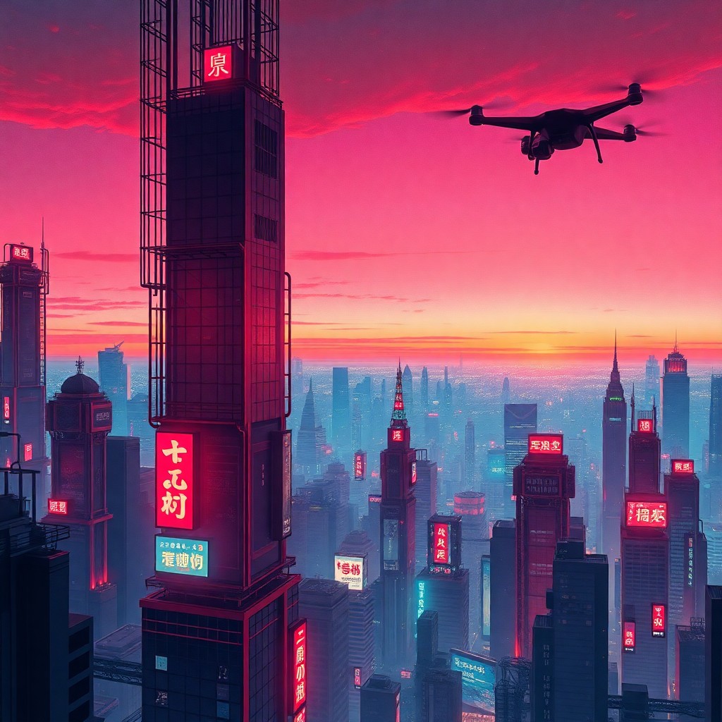 AI generated art for prompt: A surreal digital art composition depicts a futuristic cityscape at twilight from an aerial drone pe