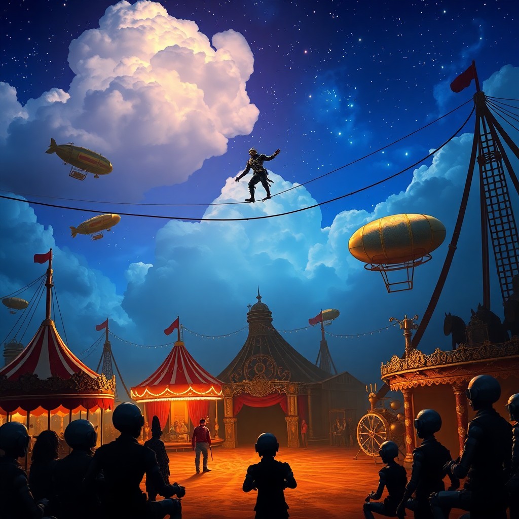 AI generated art for prompt: An imaginative digital art scene depicting a futuristic steampunk circus under an indigo sky, illumi