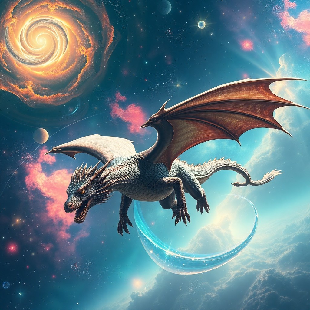 AI generated art for prompt: A surreal digital artwork depicting a majestic dragon soaring through an infinite cosmic landscape, 