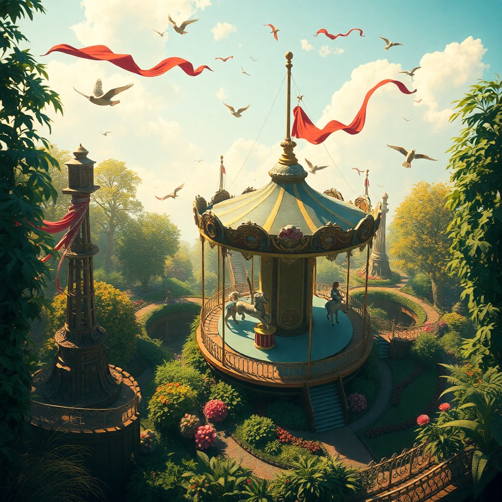 AI generated art for prompt: An imaginative steampunk-inspired illustration captures a whimsical carousel in a dreamlike style, v