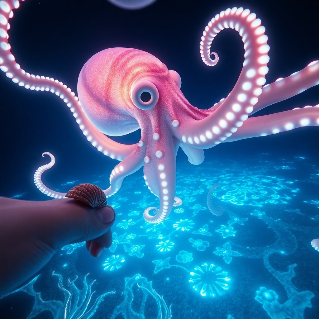 AI generated art for prompt: A surreal digital artwork captures an underwater scene where a colossal cephalopod gracefully glides