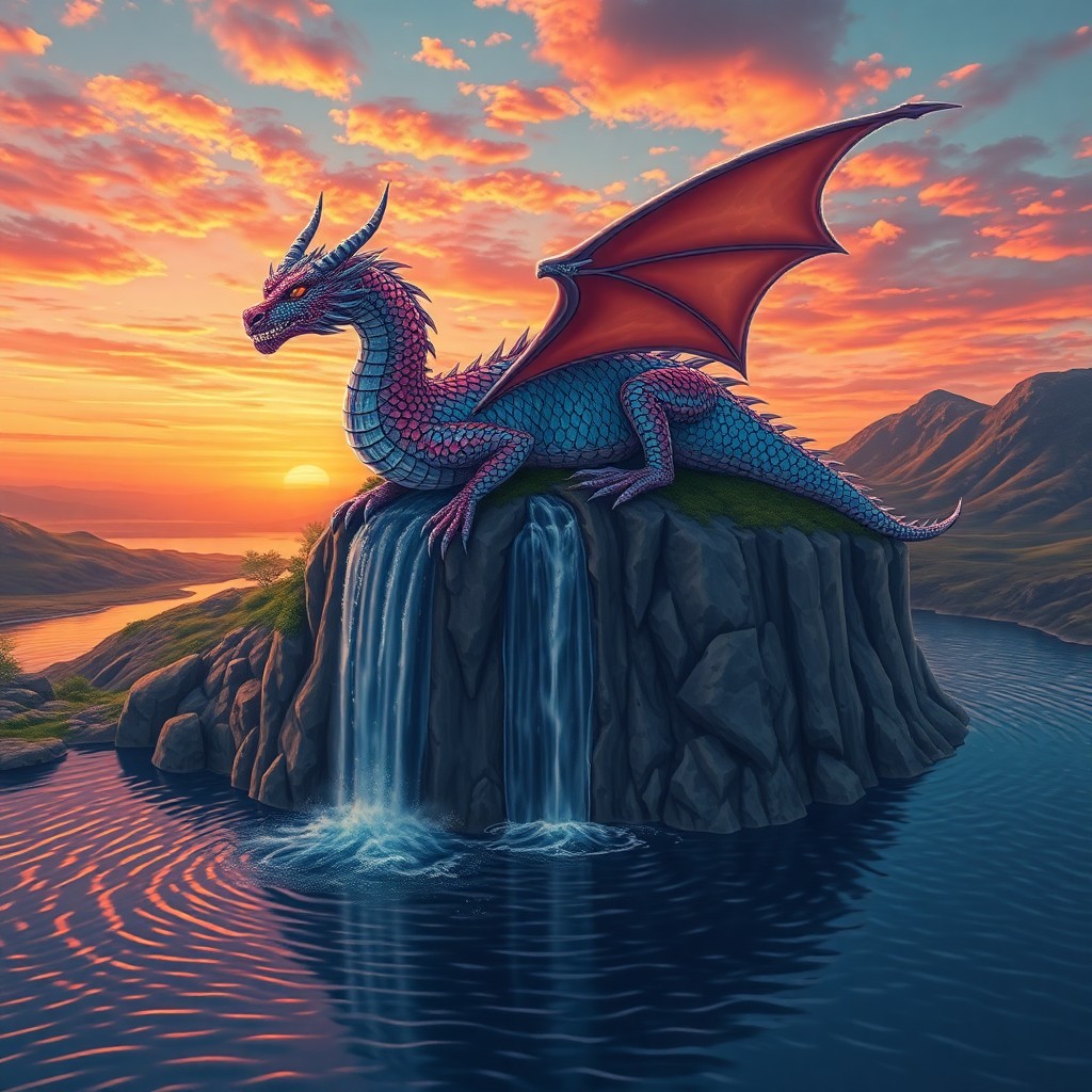 AI generated art for prompt: In this surreal landscape, a majestic dragon with iridescent scales resembling precious gemstones re