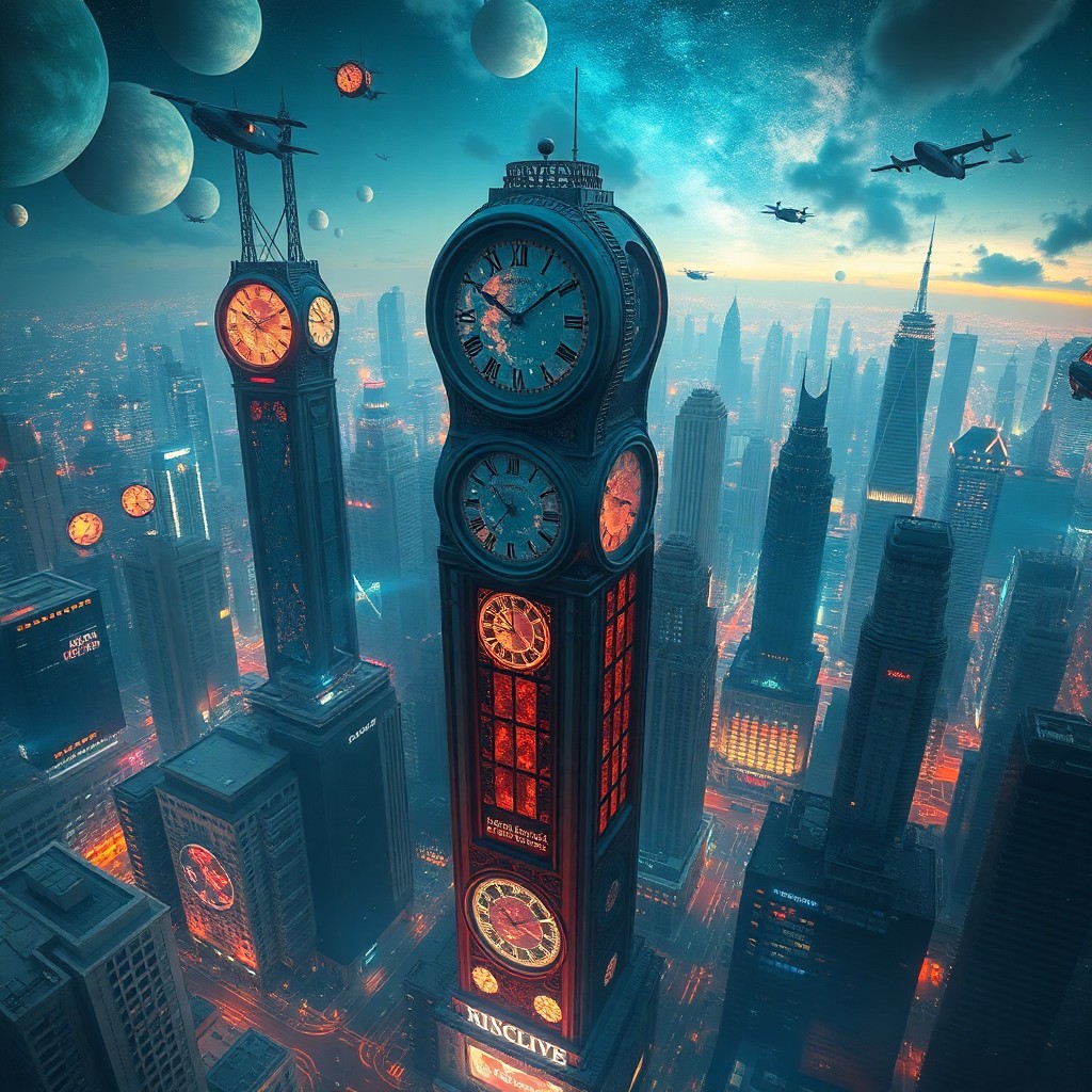 AI generated art for prompt: Envision a surreal digital artwork reminiscent of melting timepieces, depicting a futuristic metropo