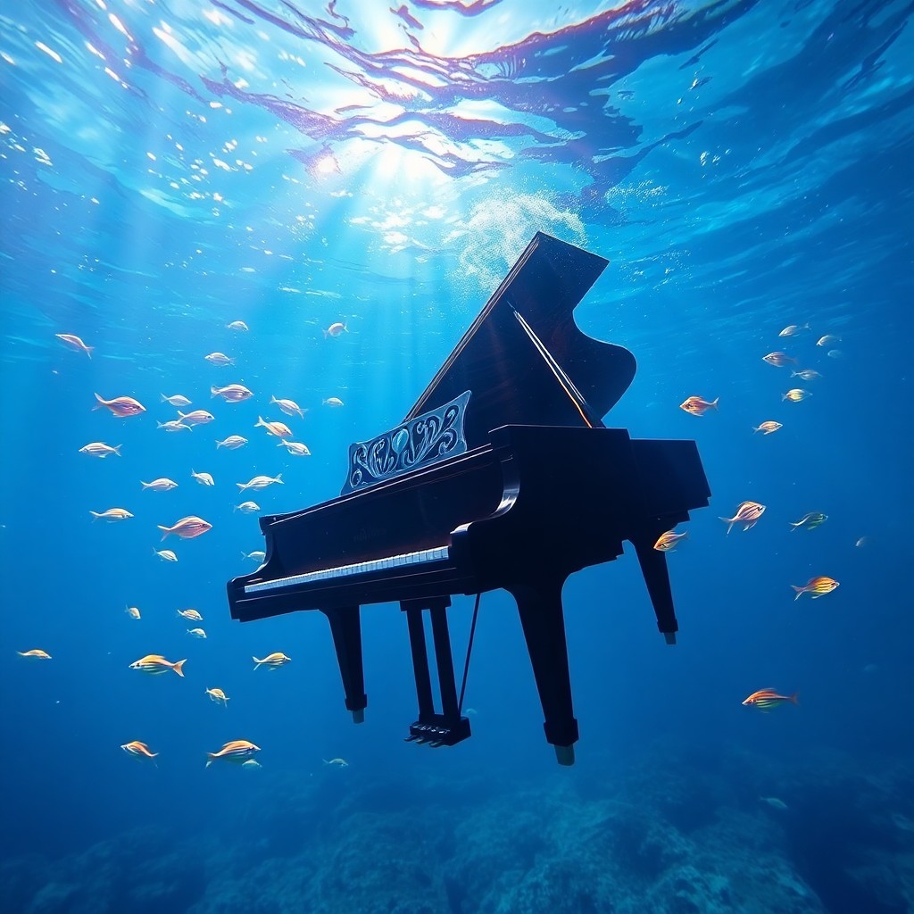 AI generated art for prompt: In the style of dreamlike surrealist paintings, imagine an underwater scene where a grand piano floa