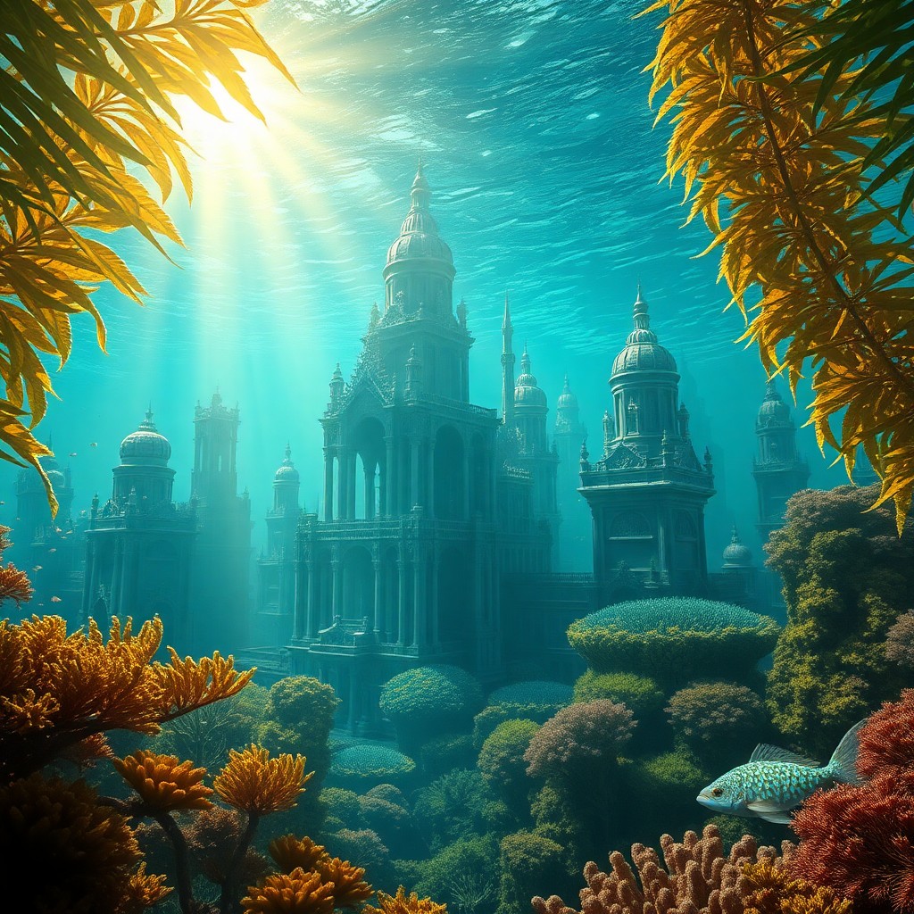 AI generated art for prompt: A captivating digital artwork unveils an enigmatic underwater metropolis from a fish's unique viewpo