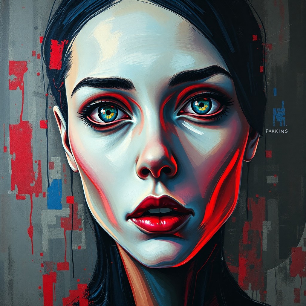 AI generated art for prompt: A portrait depicting an enigmatic female android, painted in the style of Expressionist works, showc