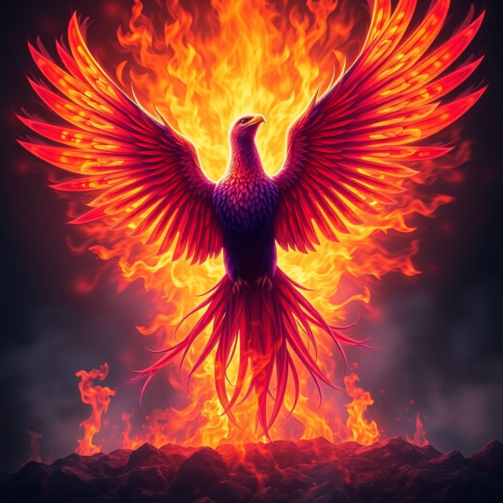 AI generated art for prompt: A mesmerizing digital illustration showcases an awe-inspiring mythical phoenix, reminiscent of fanta