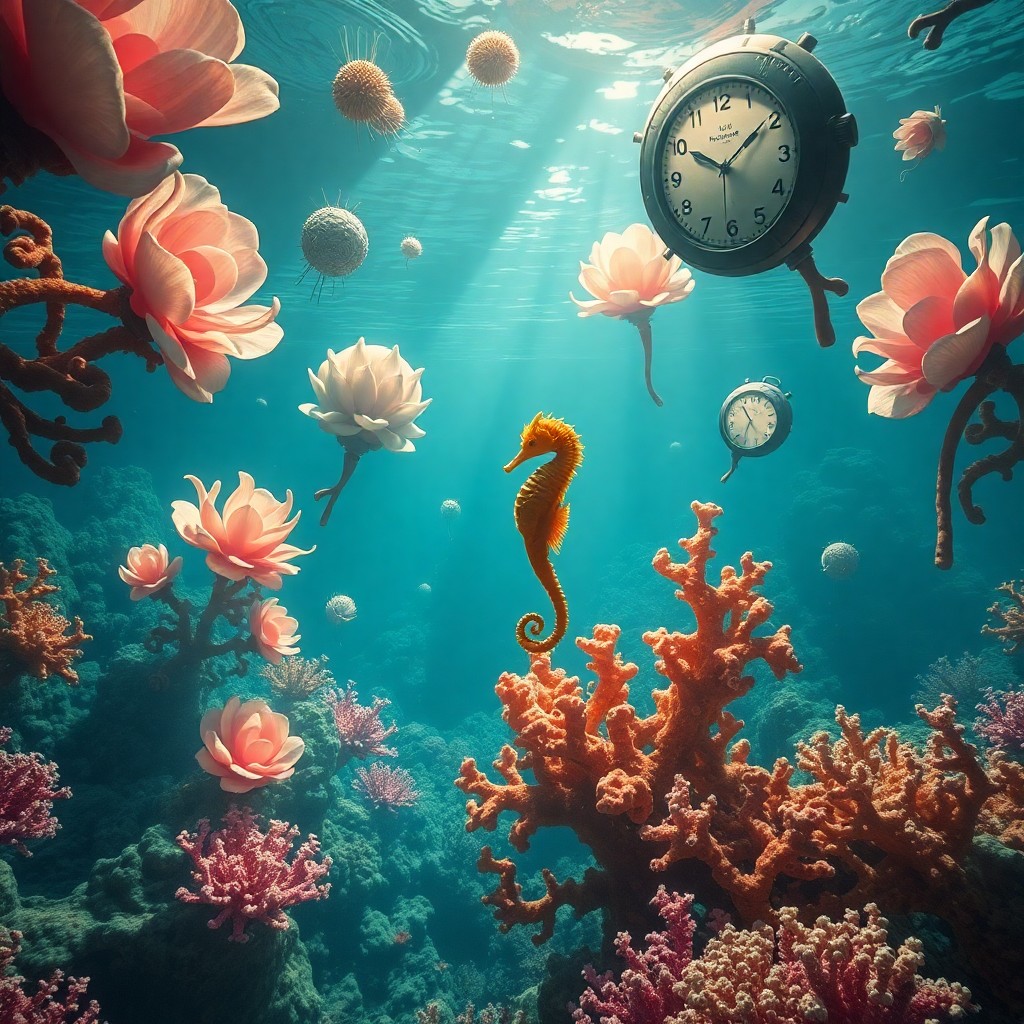 AI generated art for prompt: Compose an image of a dreamlike underwater realm, reminiscent of Dalí's surrealistic visions, but vi