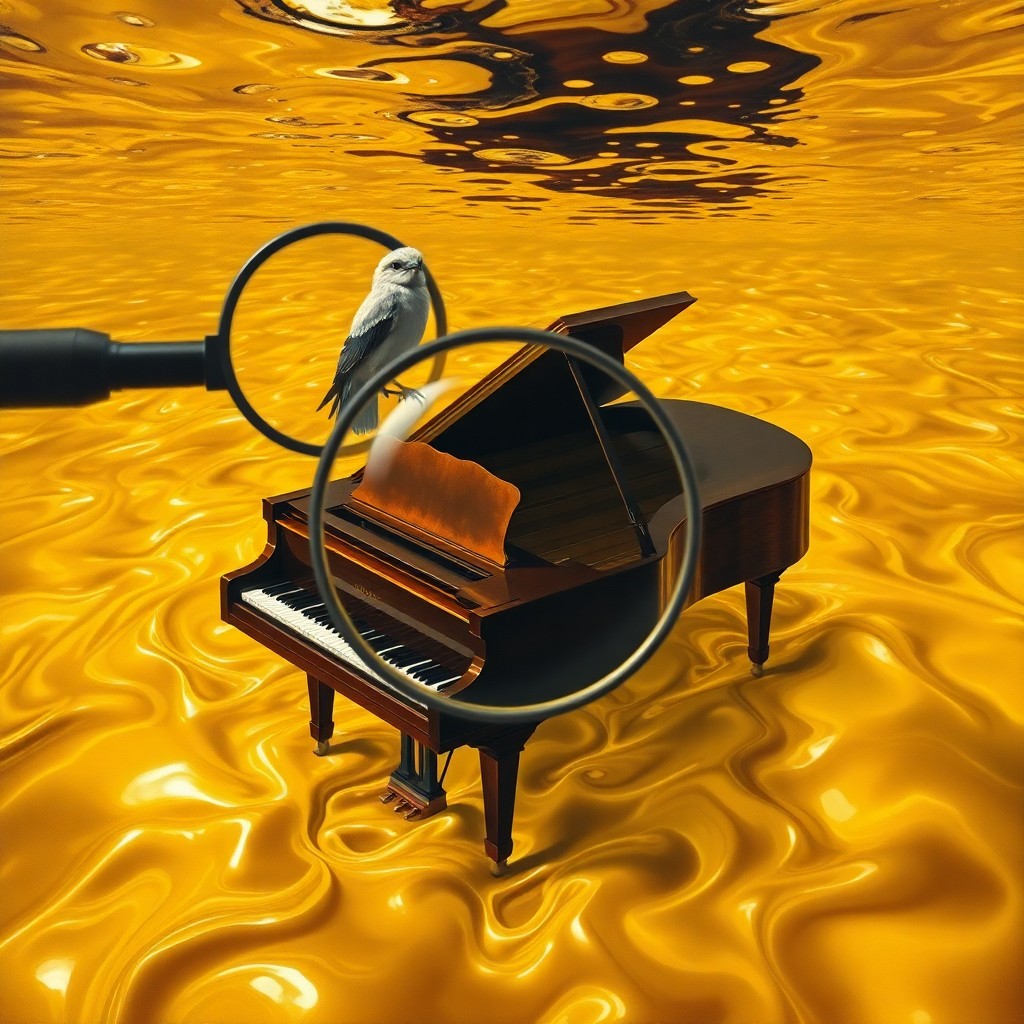 AI generated art for prompt: A surreal oil painting showcasing an antique grand piano gracefully suspended within a boundless exp