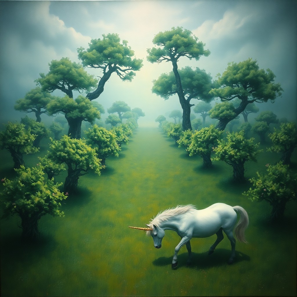 AI generated art for prompt: A surrealistic painting showcasing an enchanting unicorn grazing amidst a verdant garden, with float