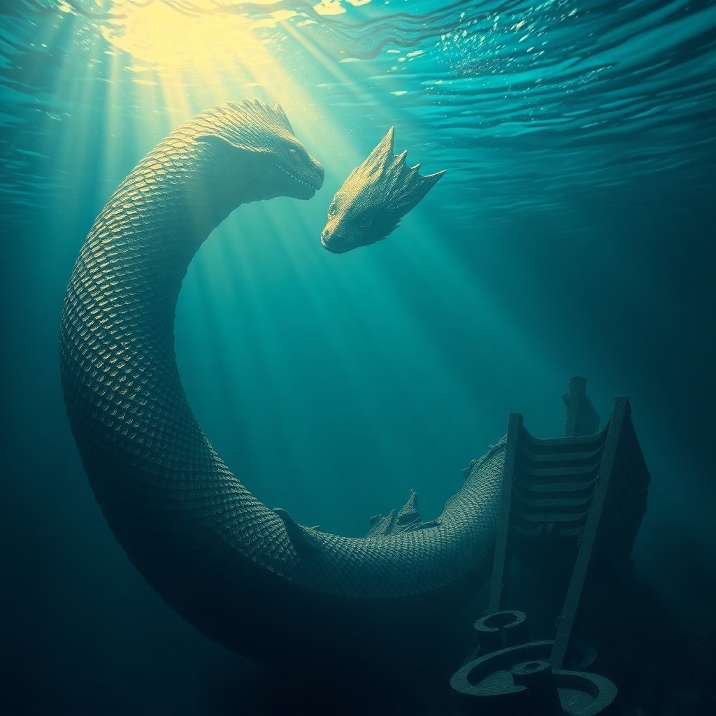 AI generated art for prompt: A dreamlike underwater scene depicts a majestic sea serpent emerging from deep waters to gaze upon a