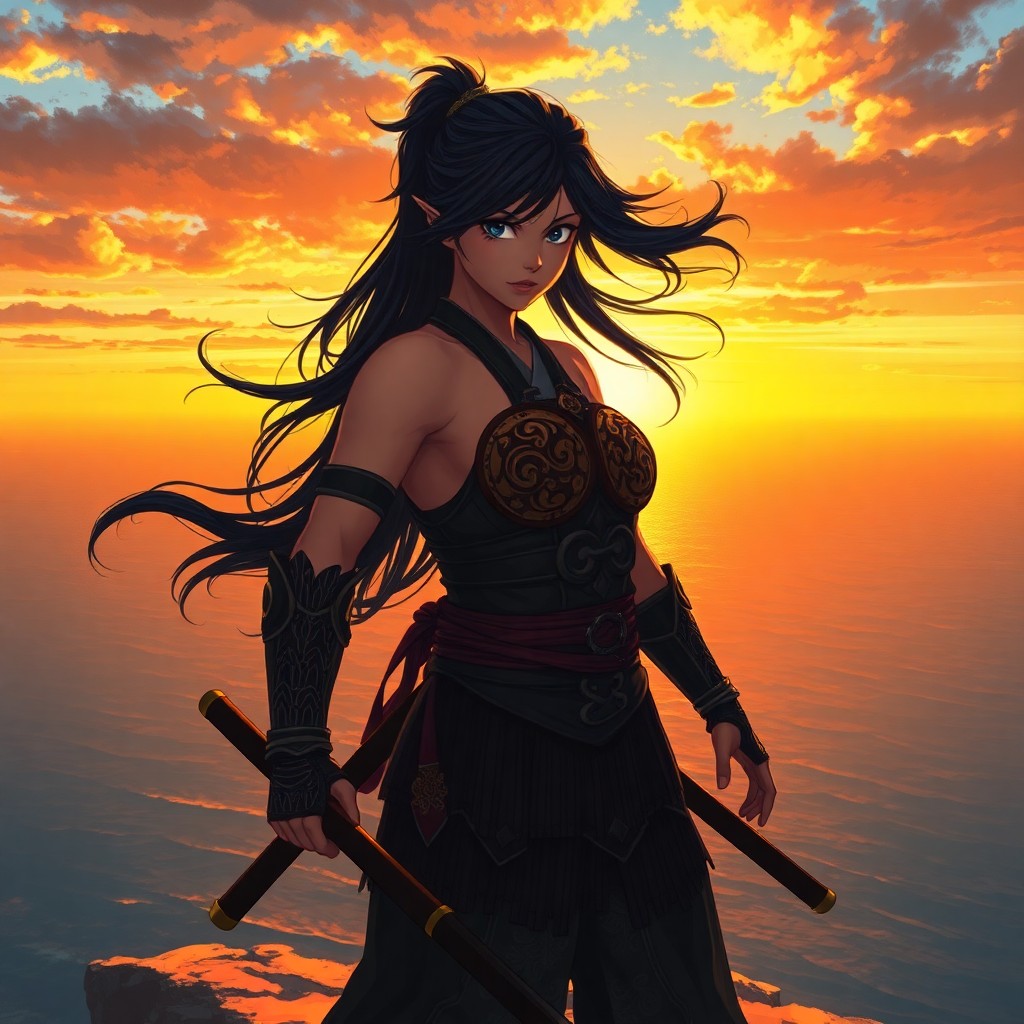 AI generated art for prompt: A powerful female warrior stands atop a cliff at sunset in this unique digital art piece, blending m