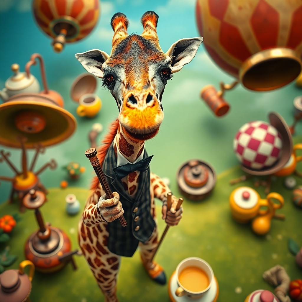 AI generated art for prompt: An imaginative and surreal composition depicts a close-up view of a petite giraffe adorned with form