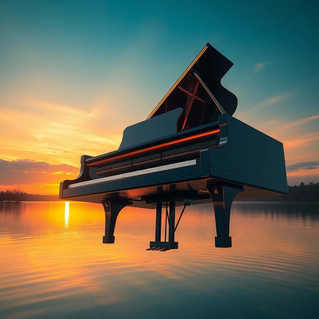 AI generated art for prompt: A dreamlike digital artwork captures a grand piano suspended in midair above a tranquil lakeside set