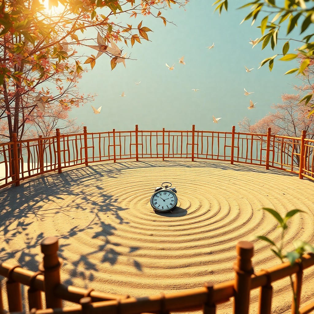 AI generated art for prompt: A surreal digital artwork depicting an enchanting Zen garden, rendered in vibrant neoclassical aesth