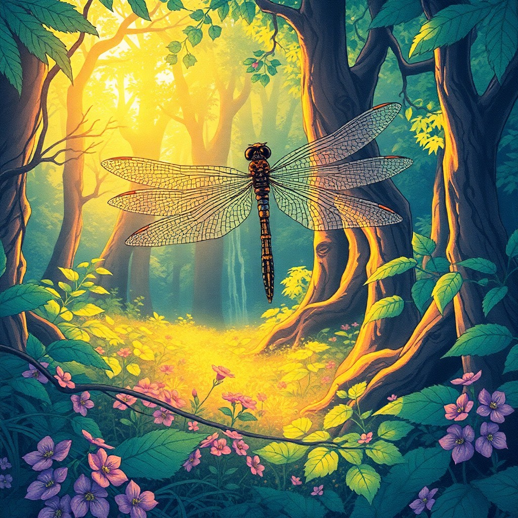 AI generated art for prompt: An enchanting illustration captures a serene moment in an otherworldly forest, as seen from a unique