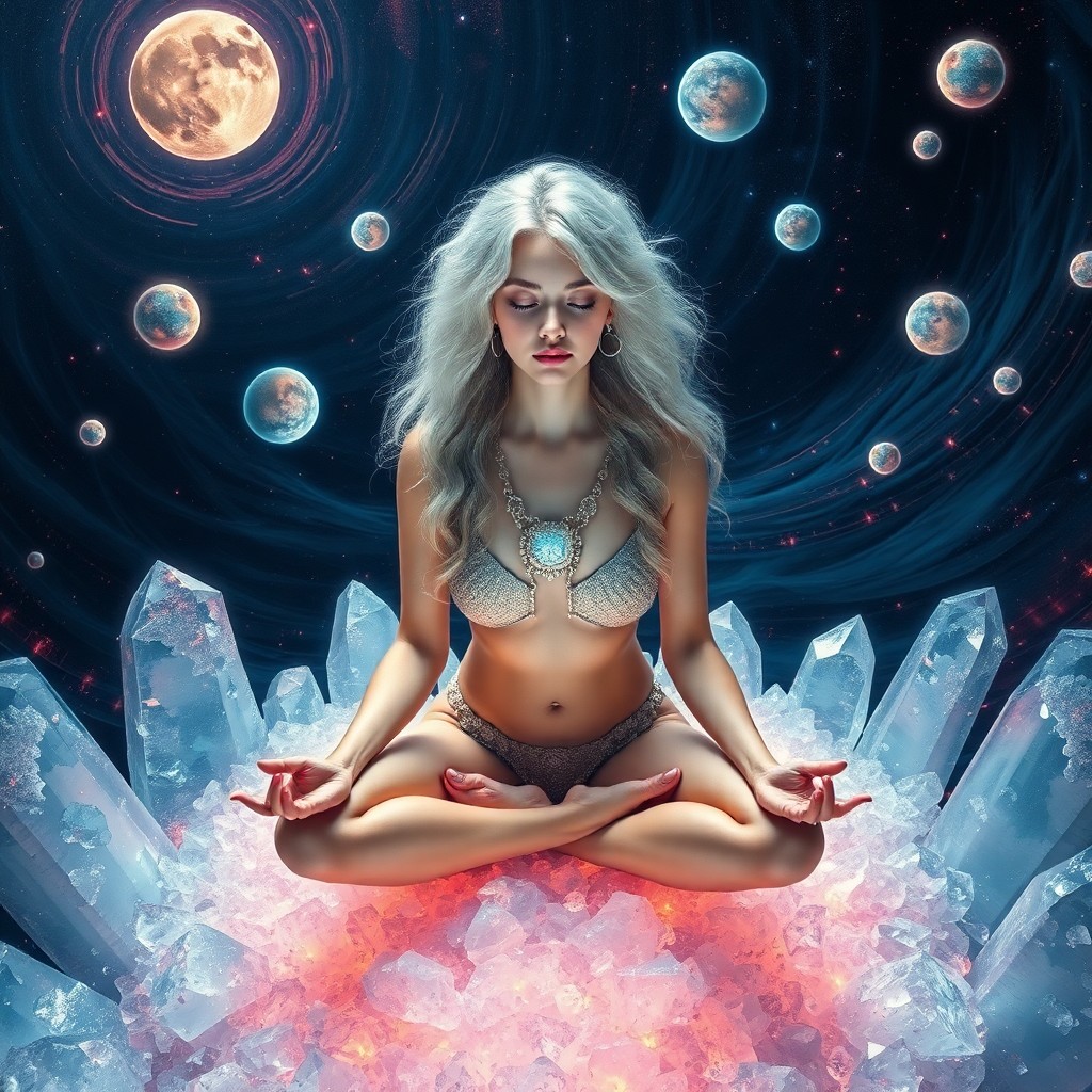 AI generated art for prompt: A mesmerizing portrait showcases an otherworldly woman meditating on a shimmering crystal stage agai