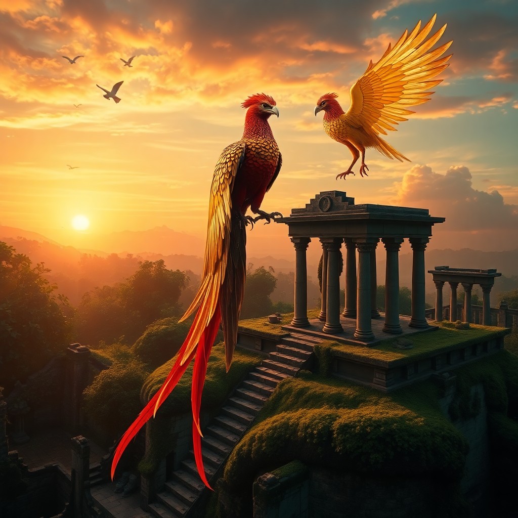 AI generated art for prompt: A surreal portrait that captures the essence of dreamlike visions, featuring a majestic phoenix perc