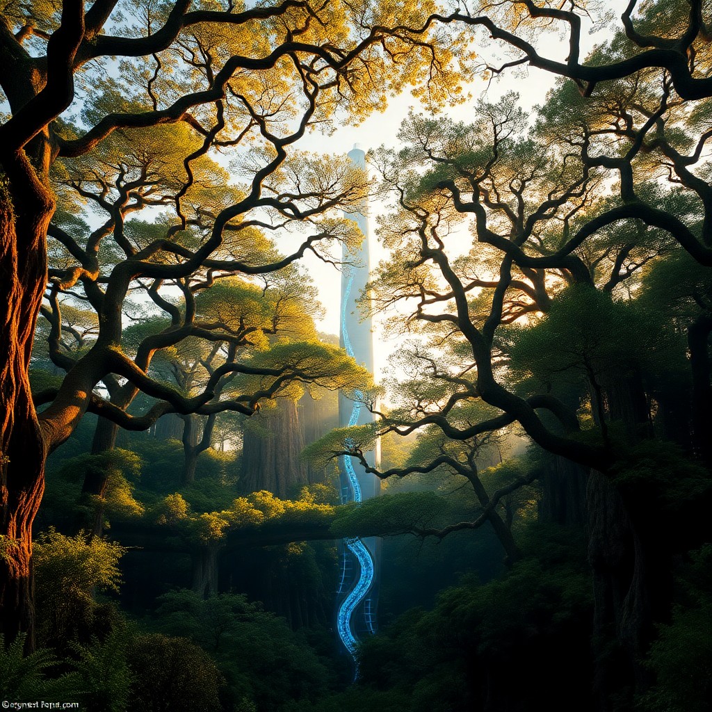 AI generated art for prompt: A sweeping panorama unveils an expansive, primordial forest where towering trees with contorted trun