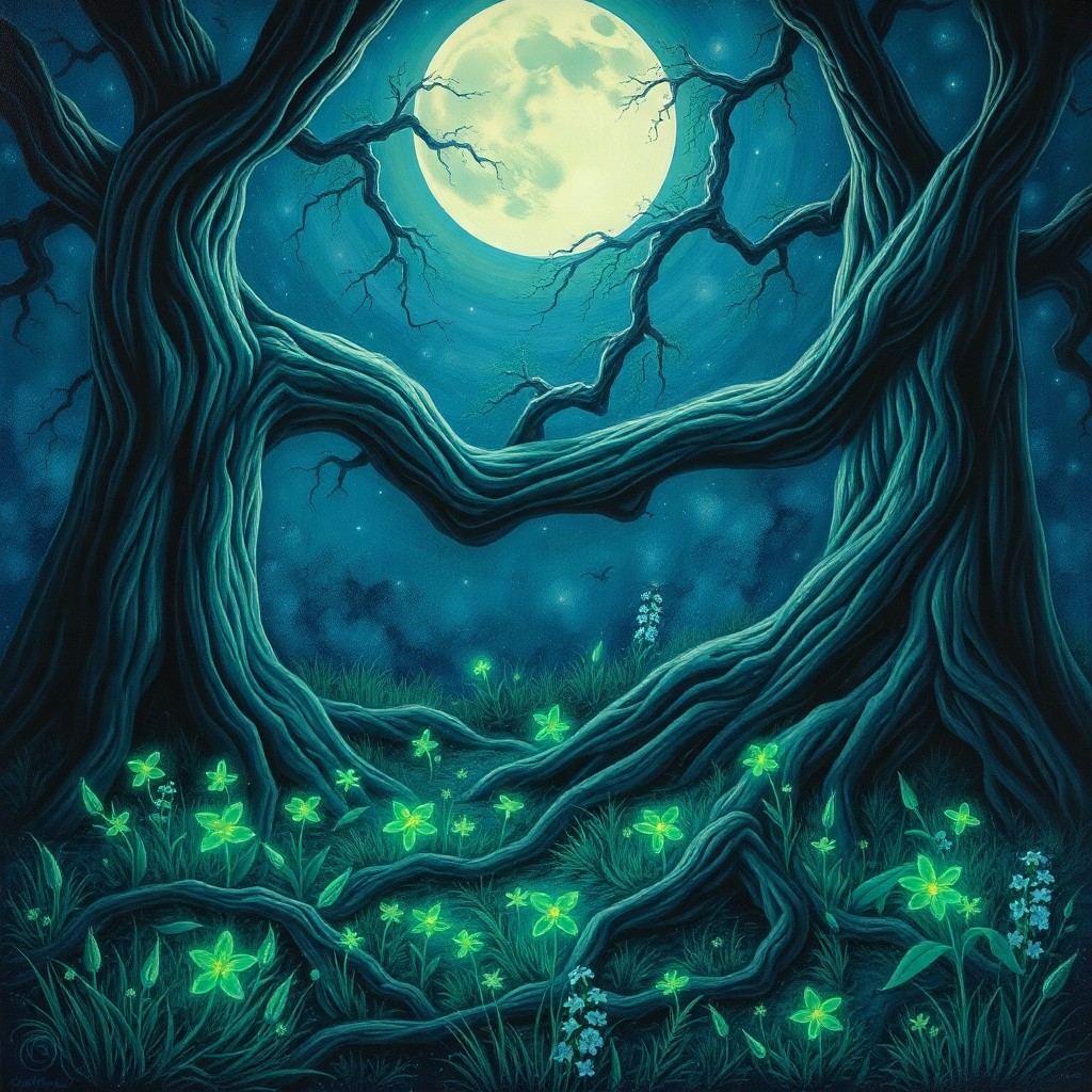 AI generated art for prompt: A mesmerizing oil painting captures the enchanting essence of a moonlit garden, reminiscent of van G