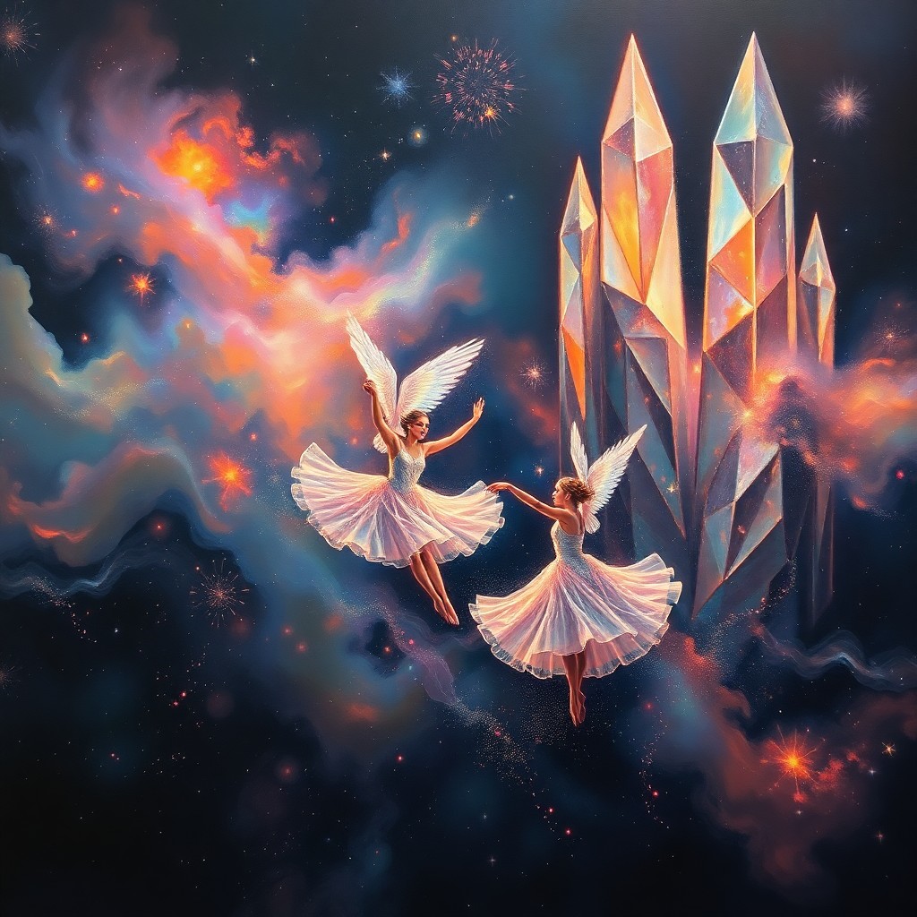 AI generated art for prompt: A surreal oil painting captures celestial dancers gracefully moving through a vast cosmic nebula, th
