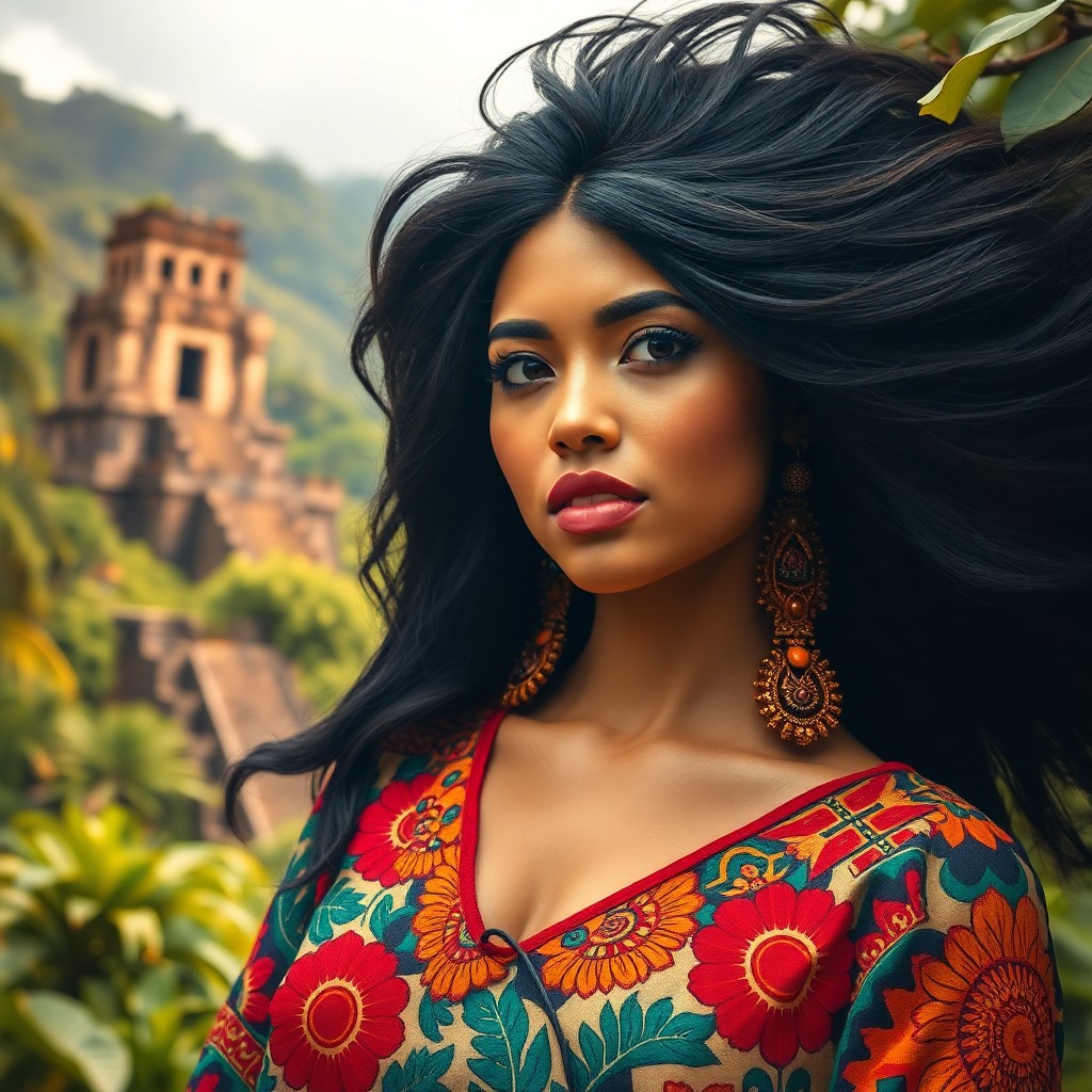 AI generated art for prompt: An enchanting portrait depicting a captivating woman with rich, flowing black hair adorned in intric