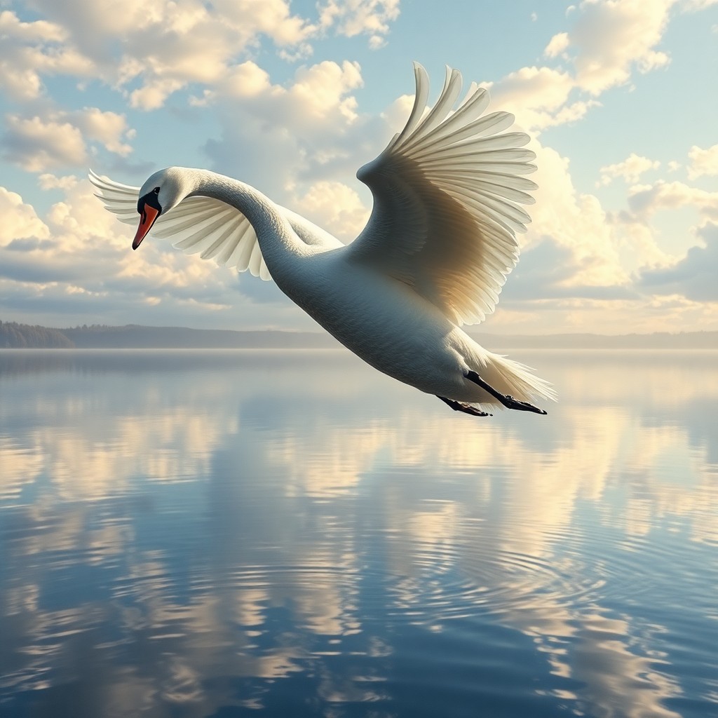 AI generated art for prompt: Envision an enchanting surrealist scene where a grand swan lifts off from a tranquil lake, metamorph