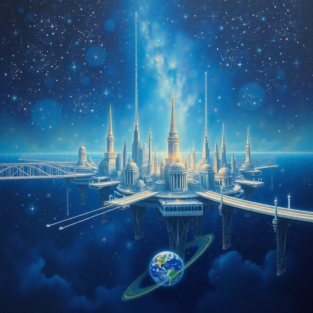 AI generated art for prompt: A dreamlike oil painting captures an ethereal cityscape floating in a boundless expanse of stars. So